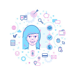 Concept of Face ID in line art style. Woman face Recognition. Abstract Tech Background with Icons.