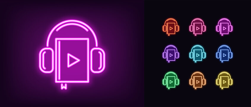 Neon audiobook icon. Glowing neon audio book sign with headphones, online library