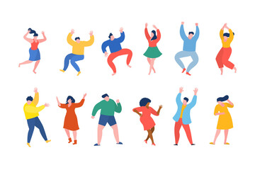 Fototapeta na wymiar Dancing people funny cartoon style. Men and women in free movement poses. Flat design.