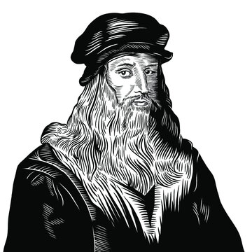 Vector Drawing Face Portrait Illustration for Leonardo Da Vinci in Black White
