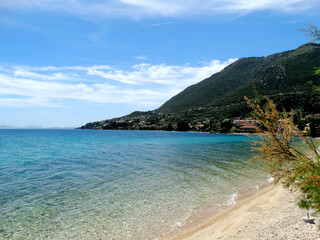 Panoramic view of Nikiana village around beach of Ionian Sea on Lefkada Island in western Greece. Lefkada island is one of series of Greek Ionian Islands.