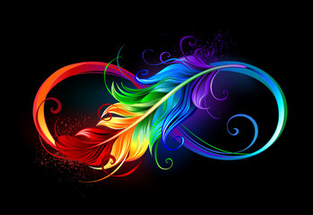 Infinity with rainbow feather on black background