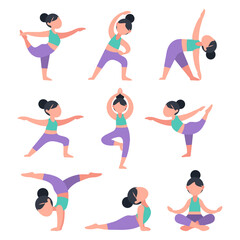 Fototapeta na wymiar Set of flat girls doing yoga. Bundle of women in different poses for training. Exercises for health, posture, relaxation, meditation, concentration. Morning routine workout, vector illustration.