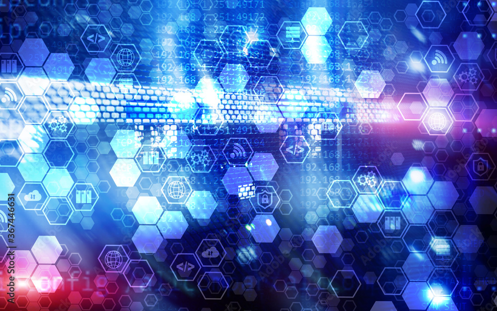 Poster digital internet connection technology concept. icons on server rack room background.