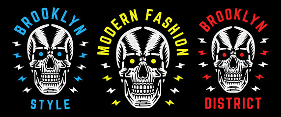 Vintage white skull. Retro print for t-shirt. Brooklyn modern fashion.
