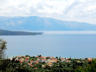 Naklejka na ściany i meble Aerial view of Nikiana village on Lefkada Island in Ionian Sea in western Greece. Lefkada Island is one of series of Greek Ionian Islands.