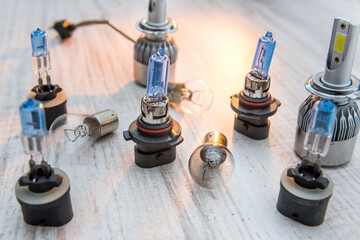 Set of different auto lamp for repair headlight on white wooden background. Modern electric bulbs