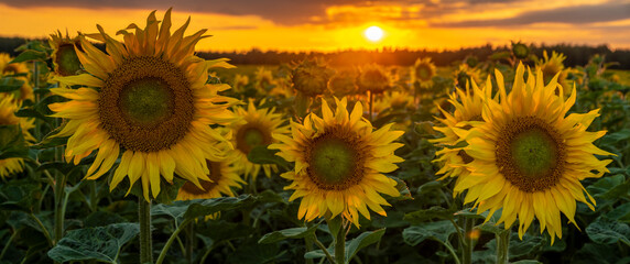 sunset over a field of blooming sunflowers