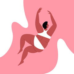 Calm fat woman in a relaxed pose wearing underwear sleeping floating in the pink background. Calm and chill vibe. Body positive flat illustration