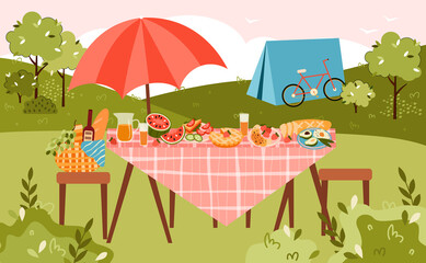 Summer picnic and camping banner with table served for eating on nature and camp tent, flat vector illustration. Summer recreation on nature and camping activity.