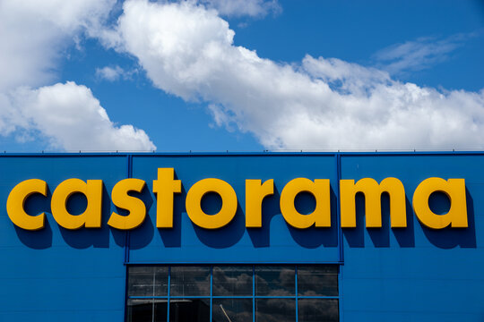 Wroclaw, Poland-July 2020: Logo of the Castorama store chain on the facade of the sales hall