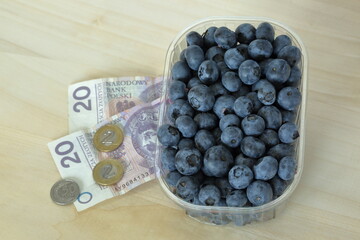 Fresh blueberries in a plastic box on wooden table with Polish zloty banknotes and coins, concept of high price of seasonal fruits, food