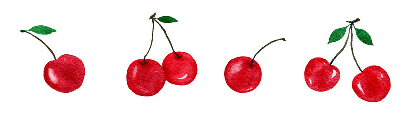 cherry fruit set isolated on white, hand drawn watercolor illustration with cherry fruit design, fruit or food icon