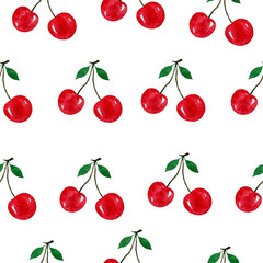 cherries seamless pattern, watercolor sweet food illustration for backgrounds, wallpaper, fabric or wrapping, summer fresh cherry fruit design