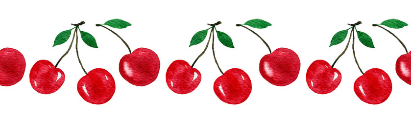 seamless border with red cherries, watercolor food illustration with cherry fruit isolated on white, hand painted cherries