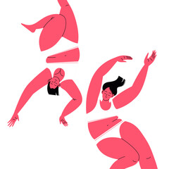 Two fat women with closed eyes in relaxed poses wearing underwear. Calm and chill vibe. limited color palette body positive flat illustration