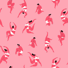 Limited colors seamless pattern. Fat women with closed eyes in relaxed poses wearing underwear. Calm and chill vibe. Body positive flat illustration