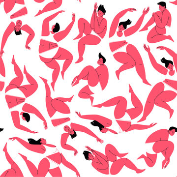 Limited Colors Seamless Pattern. Fat Women With Closed Eyes In Relaxed Poses Wearing Underwear. Calm And Chill Vibe. Body Positive Flat Illustration