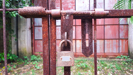 Closed Iron Gate with lock. Padlock on Iron Gate