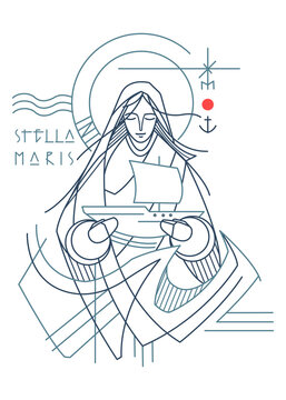 Virgin Mary Star of the Sea hand drawn illustration