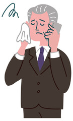 スーツ　男性　シニア 　携帯電話　悩んでいる　冷や汗
