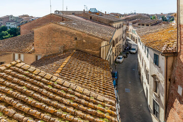 Aerial view of the roofs in the historic center of San Miniato Pisa, Italy, on a sunny day