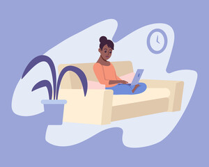Young woman is sitting with laptop on the sofa, working at home. Colorful flat design vector illustration. Freelance woman working on laptop from home. Online study, education