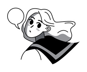 Manga girl character with replica shape expressing surprise and looking from back