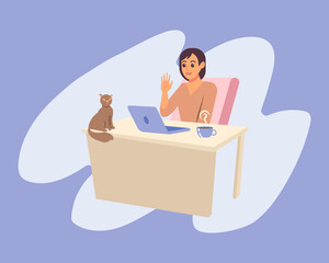 Young woman is sitting with laptop at desk, working at home. Colorful flat design vector illustration. Freelance woman working on laptop from home. Online study, education