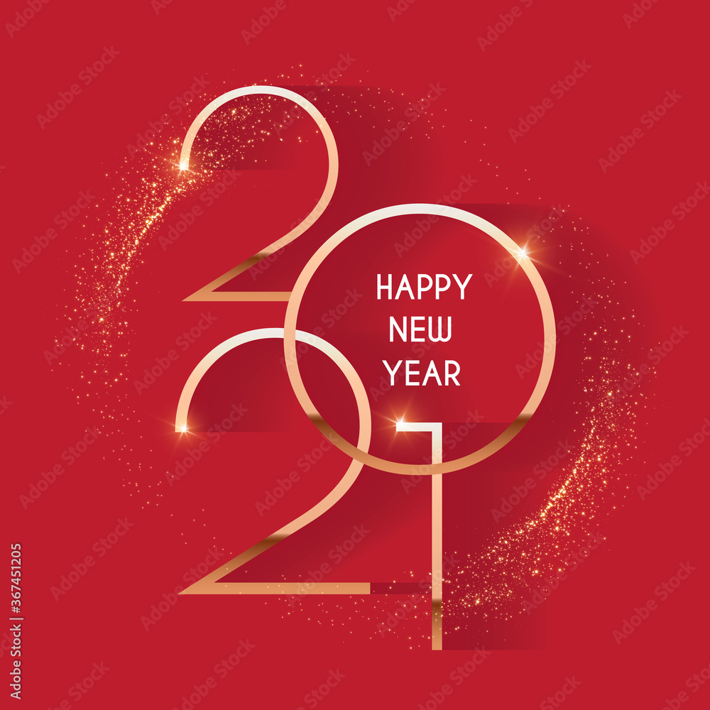 Wall mural happy new 2021 year elegant gold text with light. minimalistic text template.