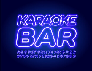 Vector glowing sign Karaoke Bar. Blue Neon Font. Electric light Alphabet Letters and Numbers