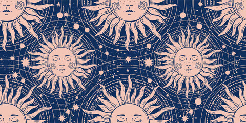 Seamless magic ornament with a sun with a face on a blue background. Pattern with elements of astrology, boho design, space and stars. Vector illustration © Salomi art