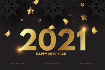 Happy New 2021 Year Elegant Design with gold shining year number, confetti and black paper snowflakes.