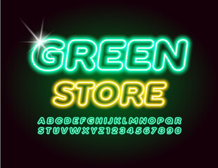 Vector Neon banner Green Store. Glowing Electric Font. Illuminated Alphabet Letters and Numbers