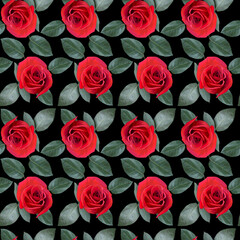 Seamless pattern with red rose flowers and green leaves on black background. Endless colorful floral texture. Raster illustration.