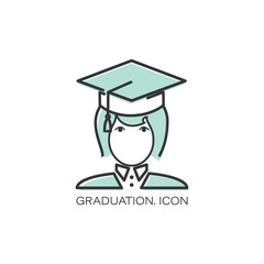Vector graduation icon. Girl. Education, academic degree. Degree student faceless female avatar.
