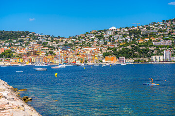 Fototapeta premium Villefranche-sur-Mer, France. 16.07.2020. Summer day on the beach. Tourism concept.