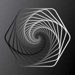 Twisted abstract wireframe tunnel. Wireframe hexagon shape. Black and white shape on a dark background. Scinece and tech vector illustration.
