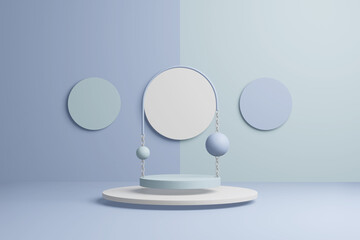 Abstract blue podium. Pastel product platform, minimal geometric shapes. 3D rendering