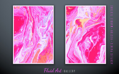 Vector. Fluid art. Liquid marble texture. Red and purple shades of colors. Wave effect. Art brush strokes with acrylic paints. Trendy modern background. Abstract painting. 