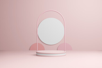 Abstract coral product showcase. Pastel red stand advertising copy space, minimal geometric shapes. 3D rendering