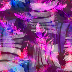 Obraz premium Seamless watercolor abstract background with beautiful pink, purple, lilac feathers, autumn leaf drawings. Vintage illustration with an abstract pink paint glue. For textiles, material. Bird feather