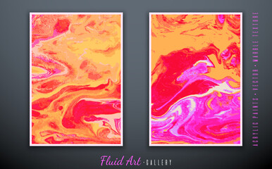 Vector. Fluid art. Liquid marble texture. Raspberry red, purple and yellow shades of colors. Wave effect. Art brush strokes with acrylic paints. Trendy modern background. Abstract painting.