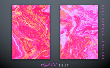Vector. Fluid art. Liquid marble texture. Red, purple and yellow shades of colors. Wave effect. Art brush strokes with acrylic paints. Trendy modern background. Abstract painting. Template for posters
