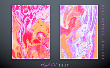 Vector. Fluid art. Liquid acrylic paints. Marble texture. Violet, purple, red and white colors. Handmade. Fashionable modern painting. Template for posters.