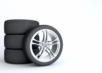 Modern Luxury Car wheel set,  Rim and tires isolated on white background with copy space. Concept image for promotion of changing or upgrading wheels. 3d illustration.