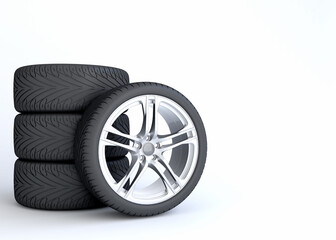 Obraz premium Modern Luxury Car wheel set, Rim and tires isolated on white background with copy space. Concept image for promotion of changing or upgrading wheels. 3d illustration.