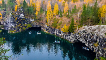 Marble quarry in mountain park "Ruskeala" in autumn.  Republic of Karelia. Russia