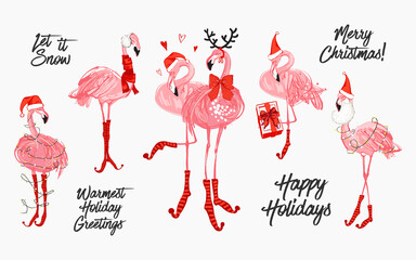 Christmas Santa and deer flamingo with santa hat, scarf, holidays greetings sign. Merry Christmas and Happy tropical new year elements set. Vector watercolor decoration on white backdrop. © Sopelkin