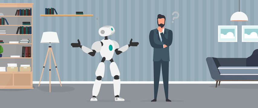 The robot cannot find a solution. The robot makes a helpless gesture. The businessman pondered. Artificial intelligence failure concept. Vector.